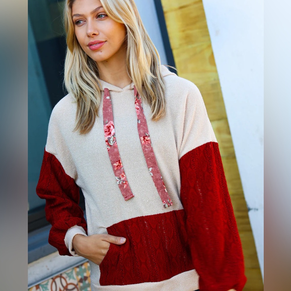 Color Block Textured Sweater Top Hoodie, Red Lace Details, Floral Drawstring - Picture 6 of 7